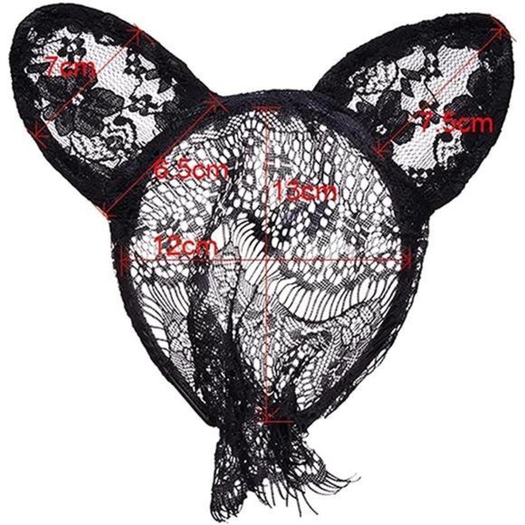 YERTTER Sexy Cat Ear Black Lace Halloween Headband with Veil Mask Headpieces